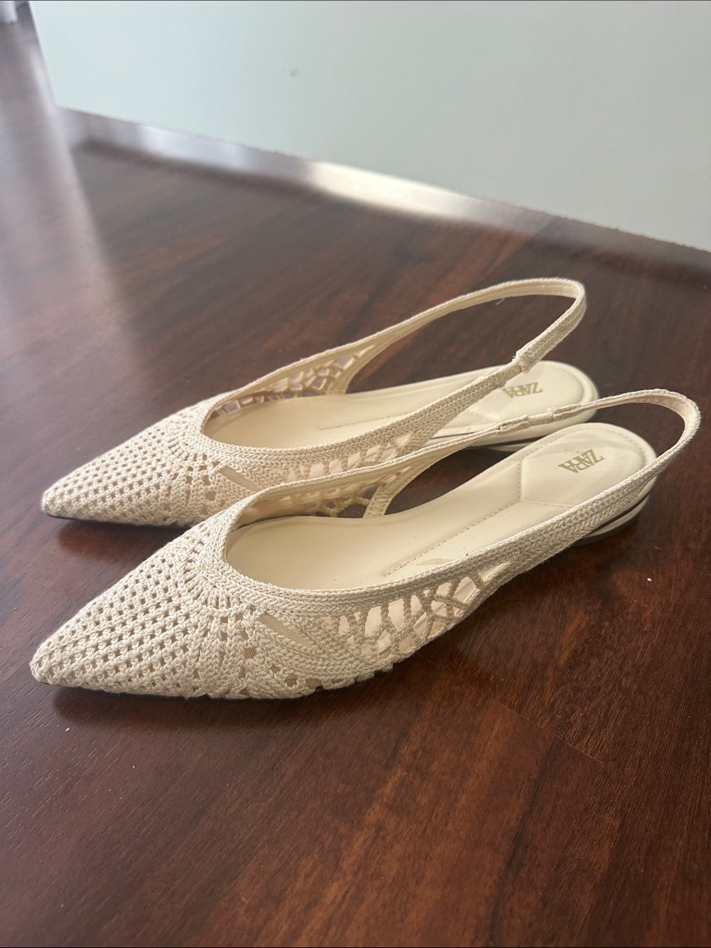 Zara Cream Crochet Pointed Slingback Flats 37 US 7
